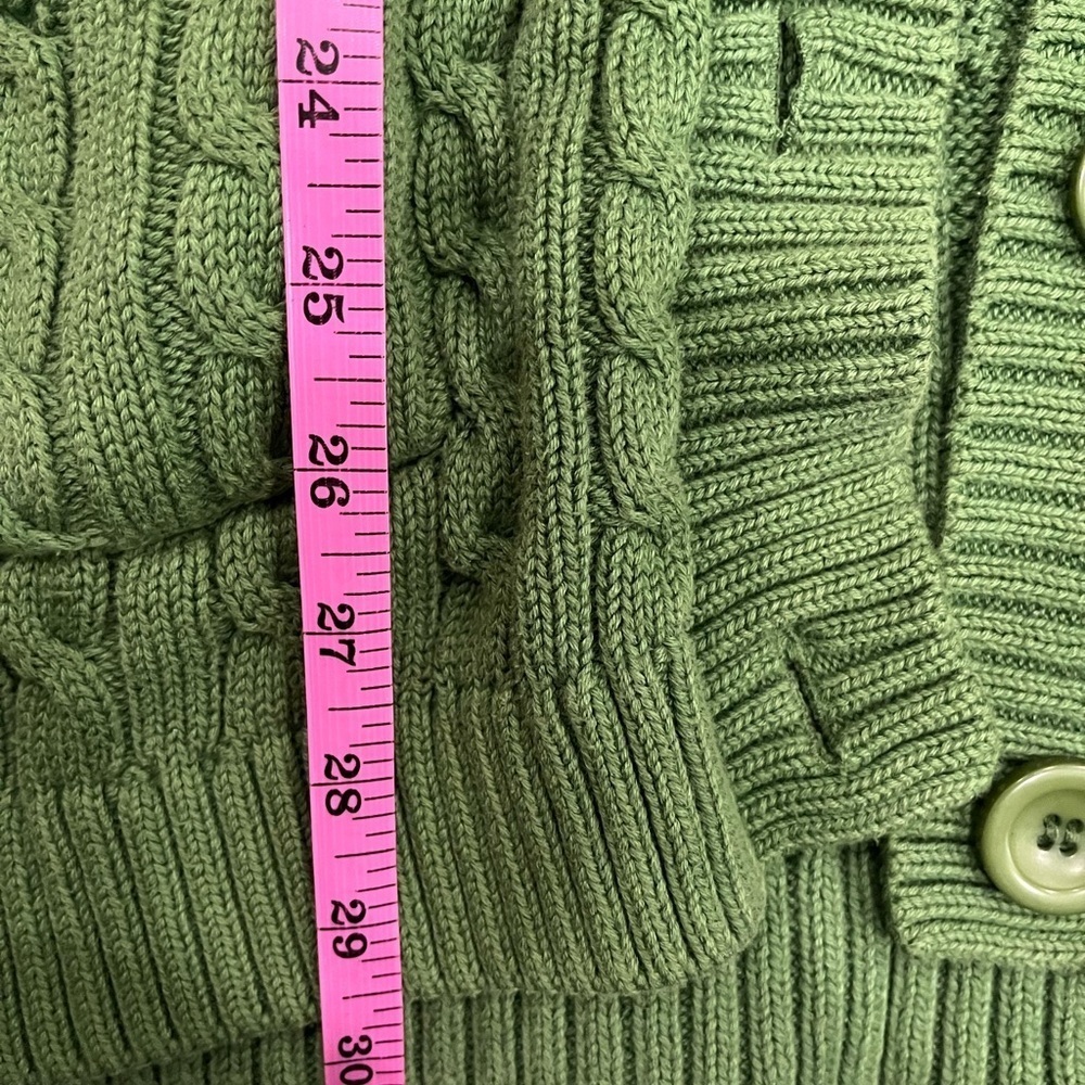 [S]L.L. Bean Forest Green Cable Knit Cotton Belted Long Button Cardigan RARE - Picture 5 of 7